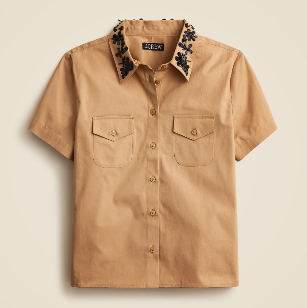 J. Cew Collection cropped button-up shirt with floral sequins